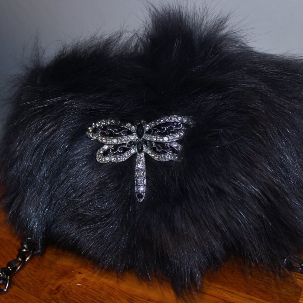 New $512  Gianni Notaro Italy Genuine Fox Fur & Crystal DragonFly Crossbody